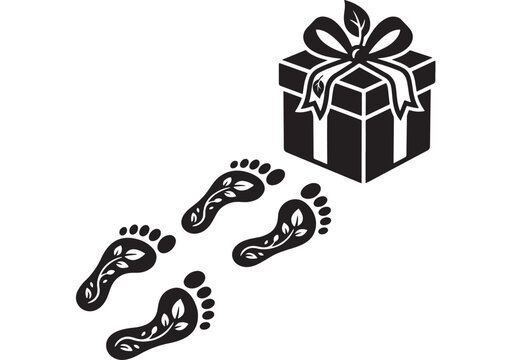 Gift Box with Bow and Barefoot Prints Leading to It, Minimalist Black and White Illustration Featuring Present, Wrapping, Ribbon