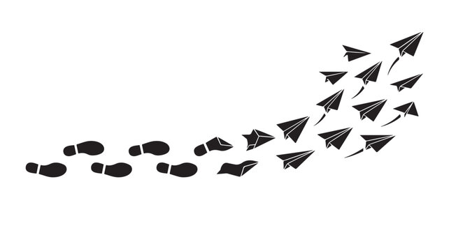 Paper Airplanes and Footprints on White Background Featuring Travel, Journey, Adventure with Exploration and Creativity Elements