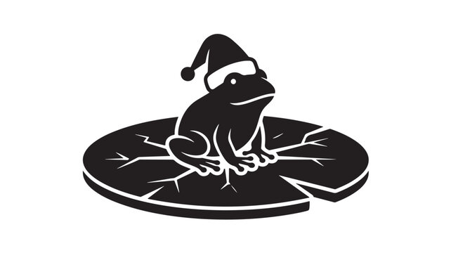 Frog Wearing Santa Hat Sitting on a Lily Pad, Festive Holiday Illustration Featuring Christmas, Cartoon, Animal with Amphibian