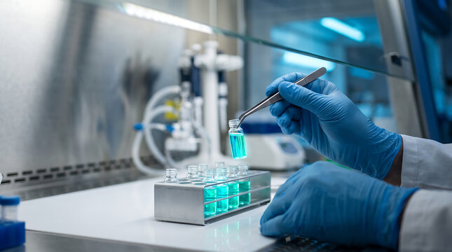 Gene editing lab 16:9, gloved hands with CRISPR vials under biosafety hood, luminous blue-green liquid, sterile UV cabinet glow