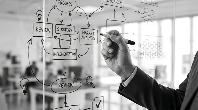 Businessman drawing a business strategy flowchart on a glass wall in a modern office.