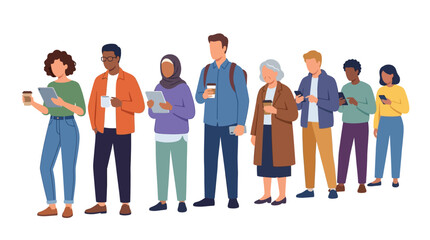 Obraz premium Diverse Multicultural People Standing in a Long Queue Waiting for Service Flat Design Vector Illustration