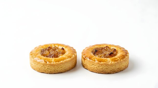 Two puff pastry tartlets with savory filling arranged on white background