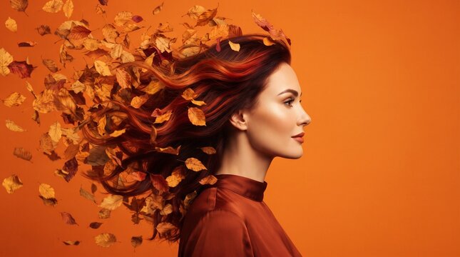 Profile portrait of a beautiful woman with hair transforming into floating autumn leaves on orange background