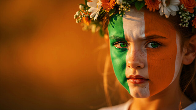 Young girl with Irish flag face paint wearing a floral crown. Child celebrating St. Patrick's Day with tricolor makeup. Irish heritage and national pride concept for cultural marketing.