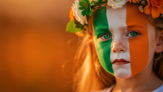 Young girl with Irish flag face paint and floral crown looking at camera. Child celebrates national heritage with tricolor makeup. St. Patrick's Day concept for Irish culture marketing.
