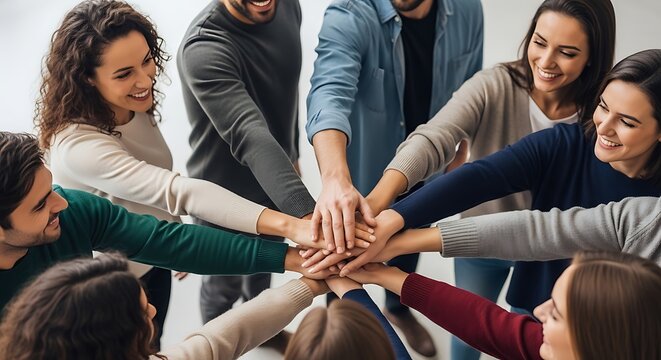 Diverse group of young professionals stacking hands together in a circle to show unity and team spirit