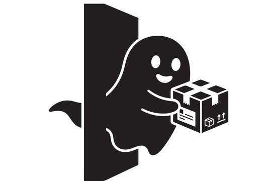 Ghost Holding a Delivery Box with Arrows and Cube Icons on It, Black and White Vector Illustration Featuring Package, Icon