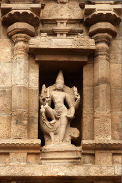 Scene featuring indian deity Muruga statue. Bas reliefes in Hindu temple. Arunachaleswar Temple.Tiruvannamalai, Tamil Nadu, India