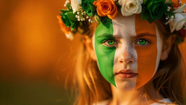 Young girl with Irish flag face paint and floral crown. Child celebrating St. Patrick's Day with national colors and rose headpiece. Irish heritage and patriotism theme for holiday marketing.