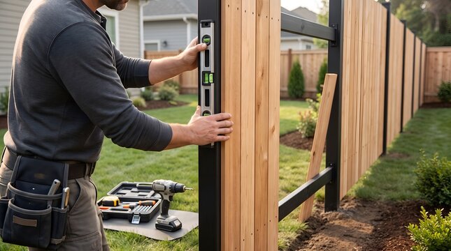 Construction worker installing a wooden fence with a level and drill