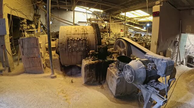 Mineral processing plant at cerro rico, postosi Bolivia for cemical extraction. Old rustic machines are running under poor working conditions.