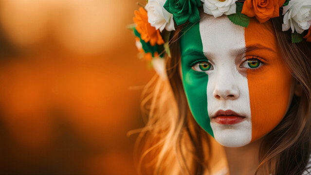 Girl with Irish flag face paint and floral crown. Child celebrating St. Patrick's Day with national colors. Patriotic identity concept ideal for cultural tourism and holiday marketing.