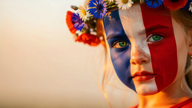 Girl with French flag face paint wearing floral crown. Child celebrating national pride at sunset. National identity concept, ideal for Bastille Day marketing and cultural heritage campaigns.