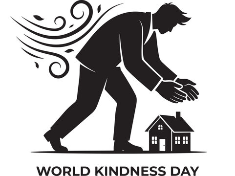 World Kindness Day Illustration of Person Helping House with Wind Swirls Symbolizing Positive Energy