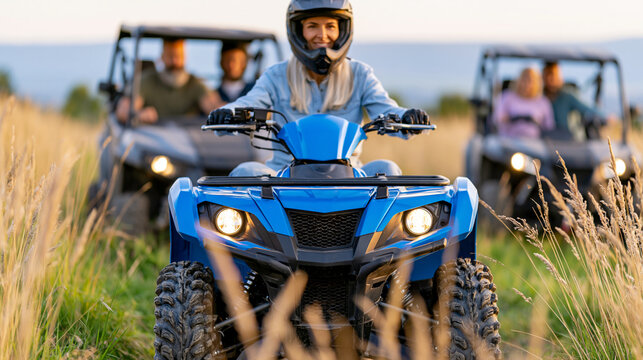 Faceless friends driving off-road with quad bikes and UTV vehicles, ATV UTV riding, off-road adventure, group recreation, extreme sport, friendship travel, outdoor lifestyle, with