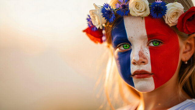 Young girl with French flag face paint and floral crown at sunset. Portrait of child celebrating national holiday or sports event. Patriotism concept for Bastille Day and cultural marketing.