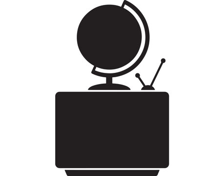 Globe on a Television Set, Black and White Illustration of a World Map on a Tv Featuring Design, Vector, Symbol with Geography