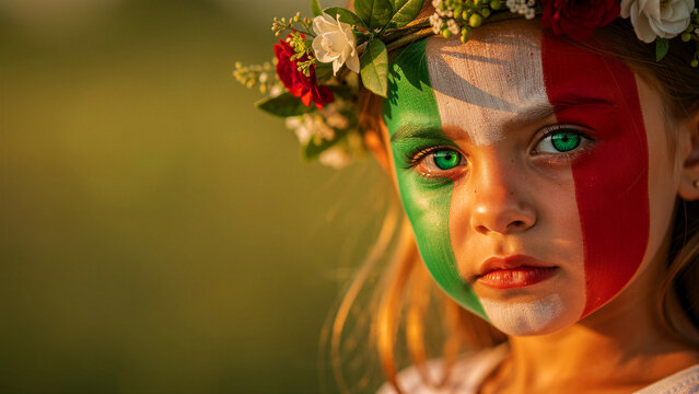Little girl with Italian flag face paint wearing a flower crown. Close-up portrait of a child fan during sunset. National pride and patriotism concept, ideal for sports and tourism marketing.