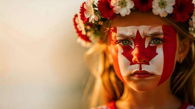 Young girl with Canadian flag face paint wearing a flower wreath. Child looking seriously at the camera outdoors during sunset. Patriotism concept, ideal for Canada Day marketing and celebration.