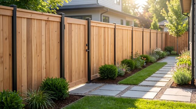 Modern wooden fence with stone path and garden landscaping