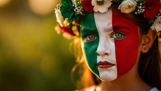 Young girl with Italian flag face paint wearing a flower crown. Portrait of a child celebrating national heritage outdoors during sunset. Patriotism concept for cultural and sports marketing.