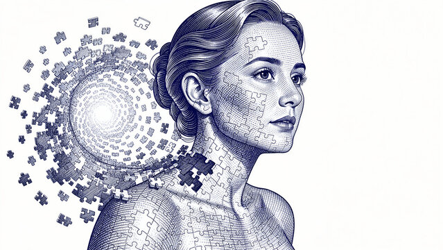 Engraved blue ink portrait of a woman made of jigsaw puzzle pieces. Pieces fly away in a swirling vortex against a white background. Mental health and self-identity psychology concept illustration.