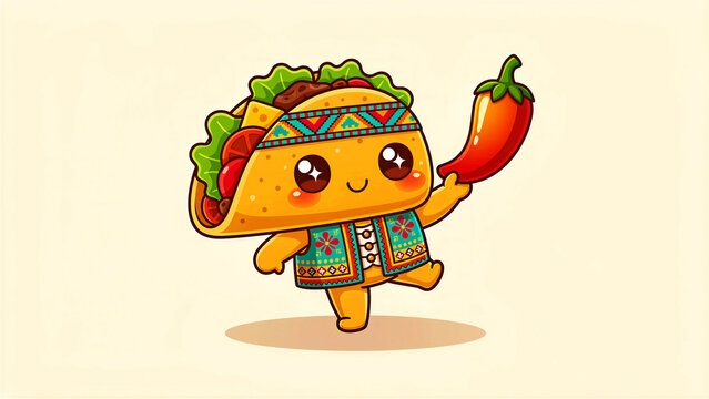 Cute taco mascot holding chili pepper. Kawaii food character in Mexican attire. Spicy food concept for menus and fiesta marketing.