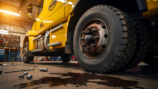 Large yellow truck wheel in a repair workshop. Oil spill and tools on the garage floor signify heavy vehicle maintenance. Fleet service and breakdown concept for logistics and industrial marketing.
