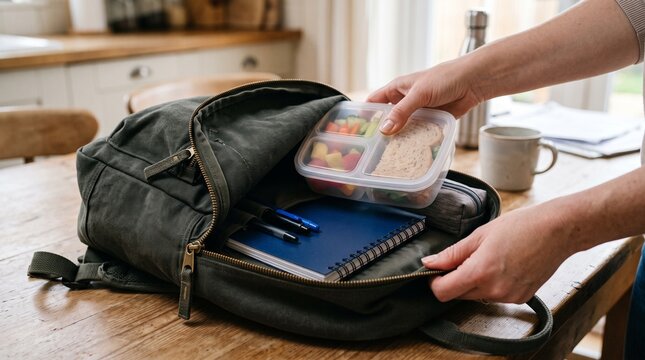 Close-up of hands putting a packed lunch box into a dark backpack.