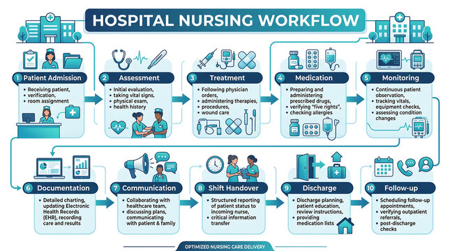 Hospital Nursing Workflow Diagram, Medical Process Flowchart, Healthcare Operations Chart, Patient Care Stages, Clinical Procedure Steps, Blue and White Infographic