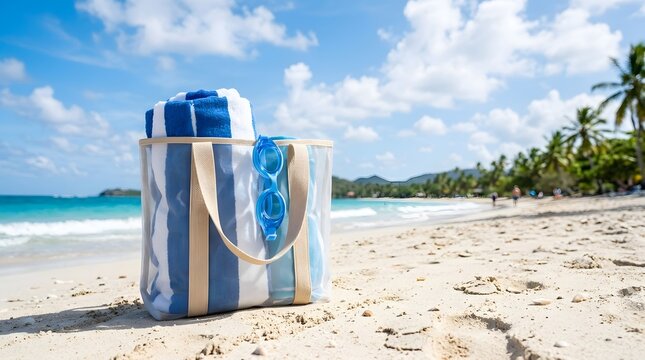 Striped Beach Tote with Mega Beach Towel on Sunlit Sand
