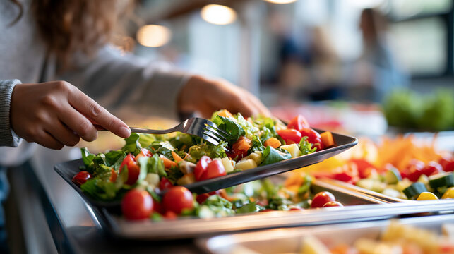 A long-haired student selects a fresh vegetable salad from a bright cafeteria buffet, healthy eating, school lunch, balanced diet, fresh produce, student lifestyle, self service, clean
