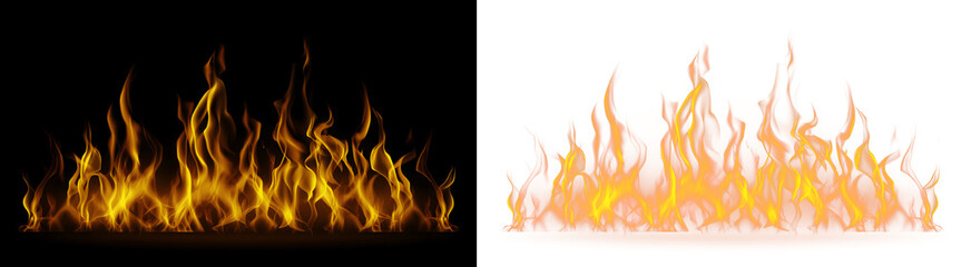 Fototapeta premium Wide Orange Fire Border With Tall Blazing Flames and Realistic Yellow Heat Glow on Transparent Background