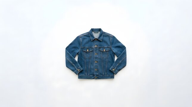 Blue denim jacket laid flat on white background