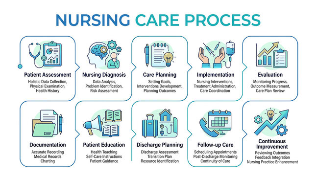 Nursing Care Process Infographic: Patient Assessment, Diagnosis, Planning, Implementation, Evaluation, Documentation, Education, Discharge, Follow-up, Continuous Improvement