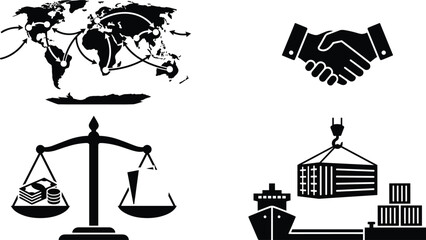 Naklejka premium Set of global trade, business partnership, legal balance, and international shipping icons