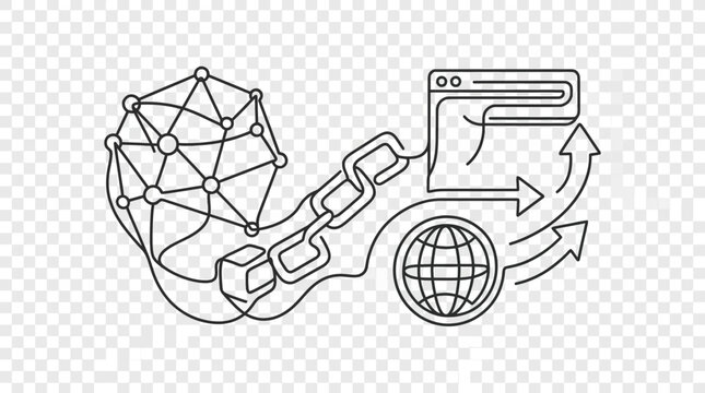 Global blockchain network with chain links and nodes.