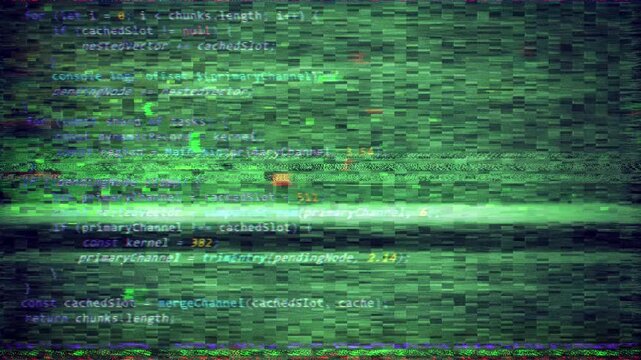 Corrupted source code on a CRT screen with datamoshing and RGB channel split. Abstract glitch background of distorted programming text, scan lines and digital signal noise for overlay