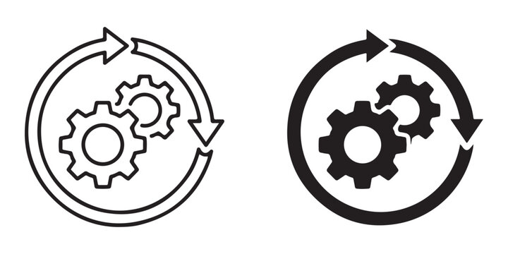 Two interconnected gear icons inside circular arrows representing continuous process flow and system integration