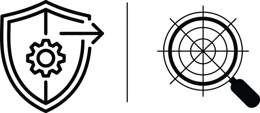 Threat Investigation Security Icon Set featuring shield and magnifying glass symbols, cybersecurity monitoring, threat detection, digital protection, and editable vector illustrations.