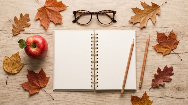 Autumnal study scene with an open notebook, apple, and glasses