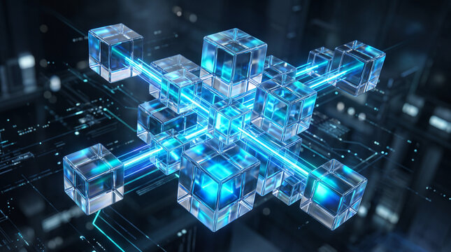 abstract blue backgroundAbstract geometric shapes with blue glass cubes and rectangular prisms on light blue background.