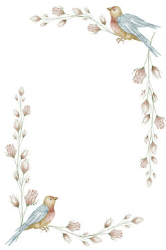 Watercolor Frame Template with Birds and Rose branches. Illustration of vintage delicate border in pastel colors with songbird and flowers for wedding invitations, stationery and branding projects.