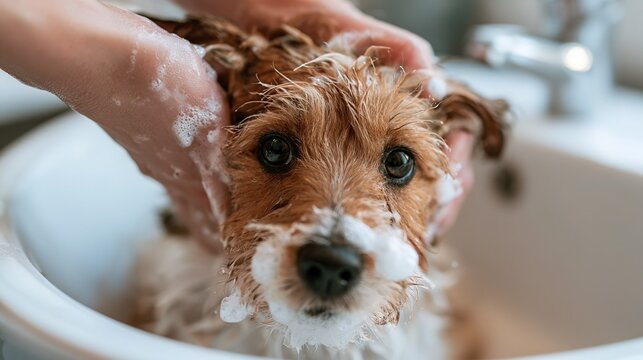 Brown and white terrier puppy sitting inside white ceramic sink, curious gaze toward camera, human soapy hands washing furry face with soap bubbles, bright blurred bathroom background, shallow depth o