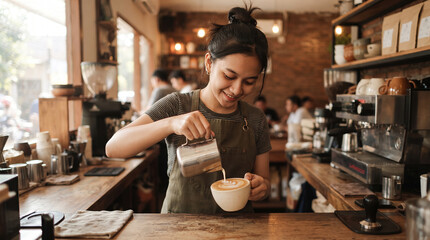 Fototapeta premium Female Barista Pouring Latte Art in Cozy Coffee Shop