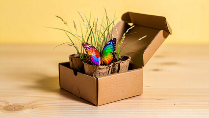Obraz premium Rainbow butterfly on green plants in cardboard box. Vibrant insect on eco-friendly peat pots and grass. Sustainable shipping and nature conservation concept for green marketing.