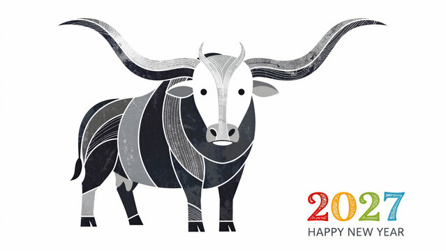 Stylized bull design for 2027 Happy New Year. Modern geometric buffalo illustration with artistic textures. Festive greeting card concept for holiday marketing, calendars, and cultural events.