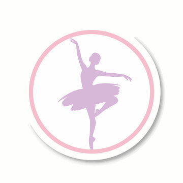 Elegant silhouette of a graceful female ballet dancer performing a classical dance pose inside a circular pink frame on a clean white background for minimalist design
