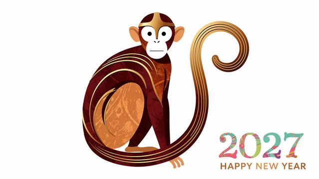 Stylized monkey illustration for the year 2027 celebration. Artistic primate design with gold accents and colorful text on a white background. Chinese zodiac theme for holiday cards and marketing.